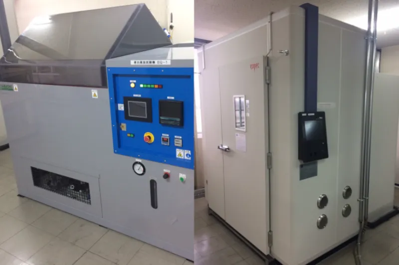 木谷電器の信頼性評価設備。塩水噴霧試験機や恒温恒湿槽を完備し、屋外環境や過酷な温湿度条件下での耐久性を自社で厳格に検証。